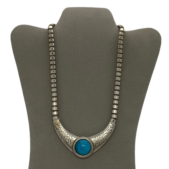 Estate Jewelry - BIB 20” Necklace Silver Metal Bead Turquoise Plastic Stone Fashion Jewelry Gift